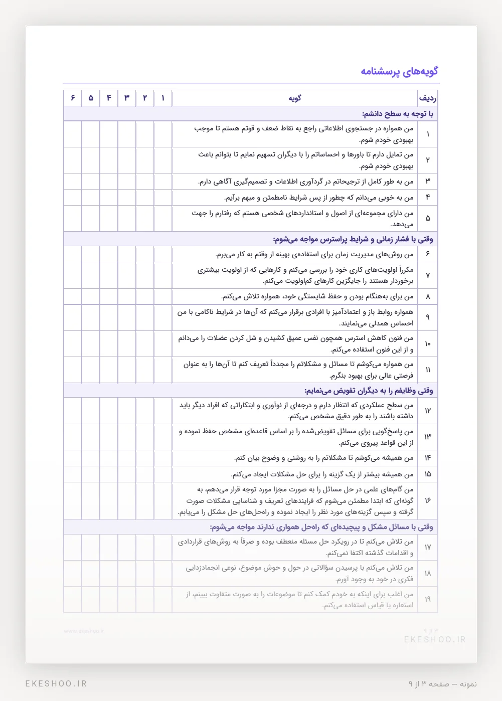 جدول گویه‌ها با شش ستون پاسخ، زیر موقعیت‌های کاری مدیر، در پرسشنامه مهارت‌های مدیریت