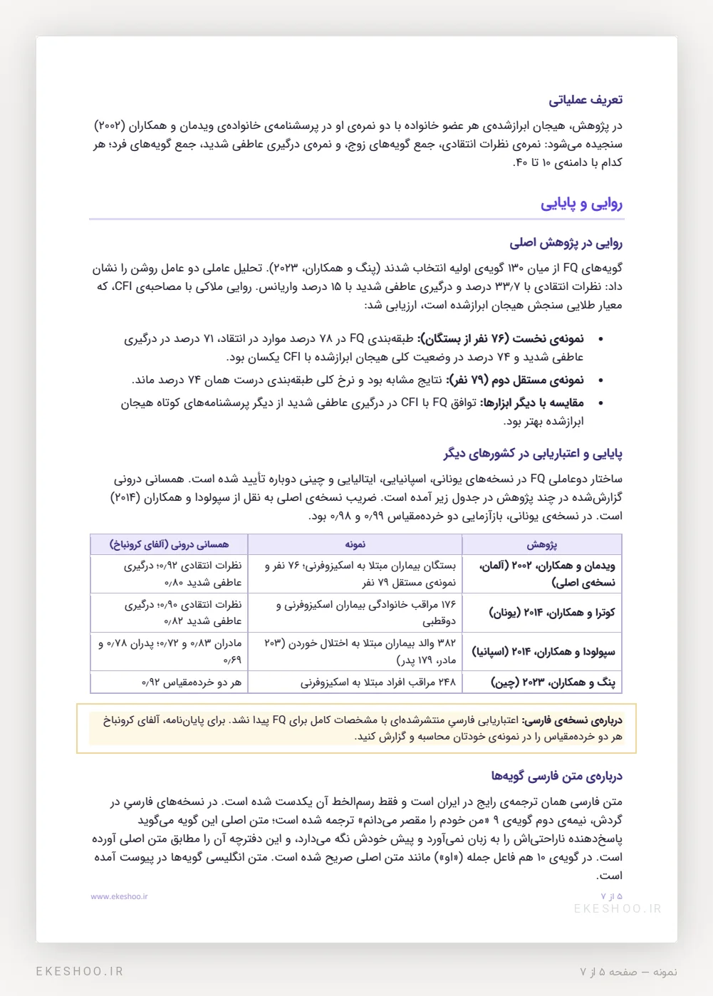 تعریف عملیاتی، روایی پژوهش اصلی و جدول همسانی درونی نسخه‌های یونانی، اسپانیایی و چینی FQ